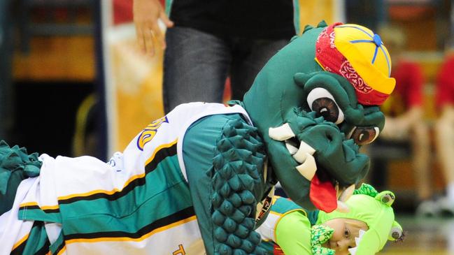 The Townsville Crocodiles mascot 100 Croc at The Swamp. Shaun Williams with daughter Chelsea, the 50 per cent Croc, both in costume.