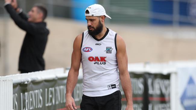 Paddy Ryder cuts a lonely figure at Port Adelaide training last week. Picture: TAIT SCHMAAL.