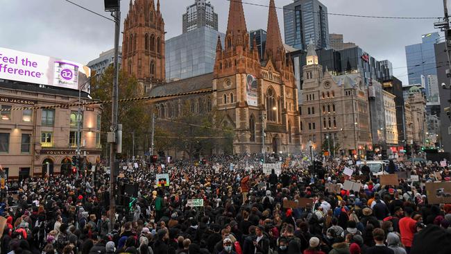 Demonstrators attend the Black Lives Matter protest in Melbourne. Crowds remain a prime coronavirus spread concern. Picture: William West/AFP