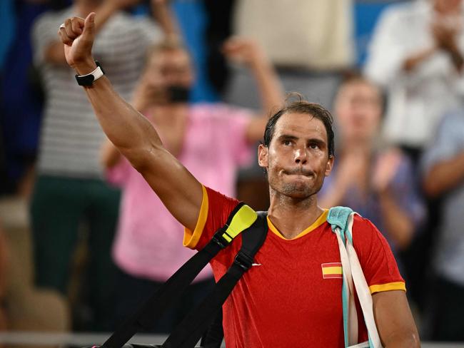 Rafael Nadal waves goodbye after he and Spain's Carlos Alcaraz lose to US at the 2024 Olympics. Picture: AFP