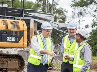 Police Minister Mark Ryan with Badge Sunshine Coast manager Andrew Lanskey and construction manager Mahesh Ghodke on site at Caboolture. Picture: Yvonne Packbier