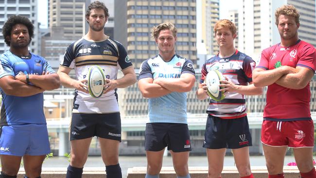 Super Rugby Season Launch. Leaders from the Super Rugby teams from Australia, Tatafu Polota-Nau, (Force) Sam Carter, (brumbies) Michael Hooper (Waratahs) Nic Stirzaker (Rebels) and James Slipper (reds). Pic Jono Searle.