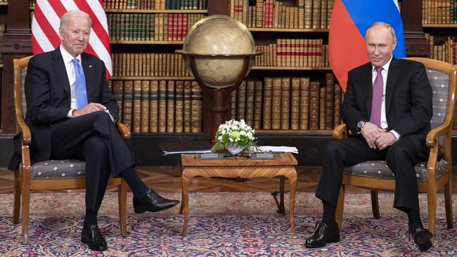 Joe Biden (L) and Vladimir Putin meet during the US-Russia summit at Villa La Grange in June, 2021 in Geneva, Switzerland.