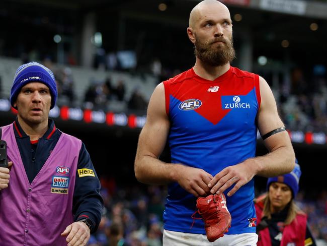 MELBOURNE, AUSTRALIA - JUNE 13: Max Gawn of the Demons looks on during the 2022 AFL Round 13 match between the Collingwood Magpies and the Melbourne Demons at the Melbourne Cricket Ground on June 13, 2022 in Melbourne, Australia. (Photo by Dylan Burns/AFL Photos via Getty Images)