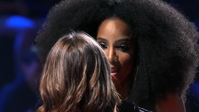 Kelly Rowland aggressively but lovingly pumping up <i>The Voice </i>contestant Mikayla Jade. Picture: Channel 9