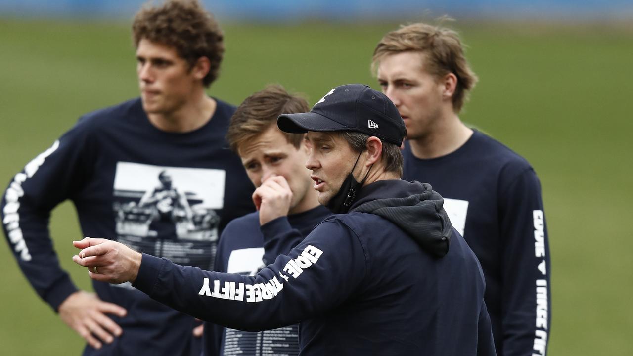 Under-fire Carlton coach David Teague instructs players at training on Tuesday. Picture: Getty Images