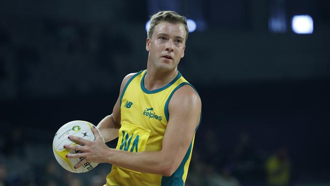 MELBOURNE, AUSTRALIA - OCTOBER 30: Riley Richardson of Australia looks to pass the ball during game three of the Men's International series between the New Zealand Net Blacks and the Australia Kelpies at John Cain Arena on October 30, 2024 in Melbourne, Australia. (Photo by Daniel Pockett/Getty Images)