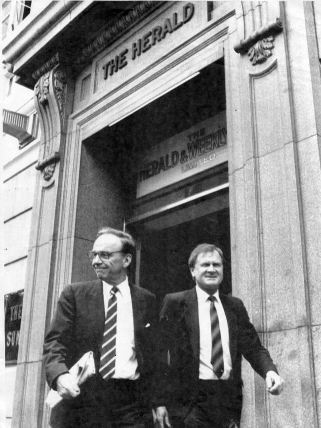 Rupert Murdoch and Ken Cowley leaving The Herald and Weekly Times building in Melbourne in December 1986