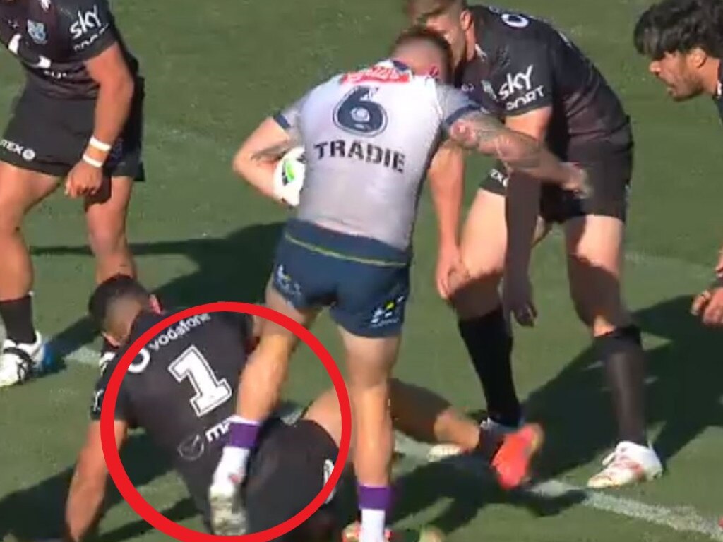 Cameron Munster was placed on report for this kick on the Warriors' Roger Tuivasa-Sheck.