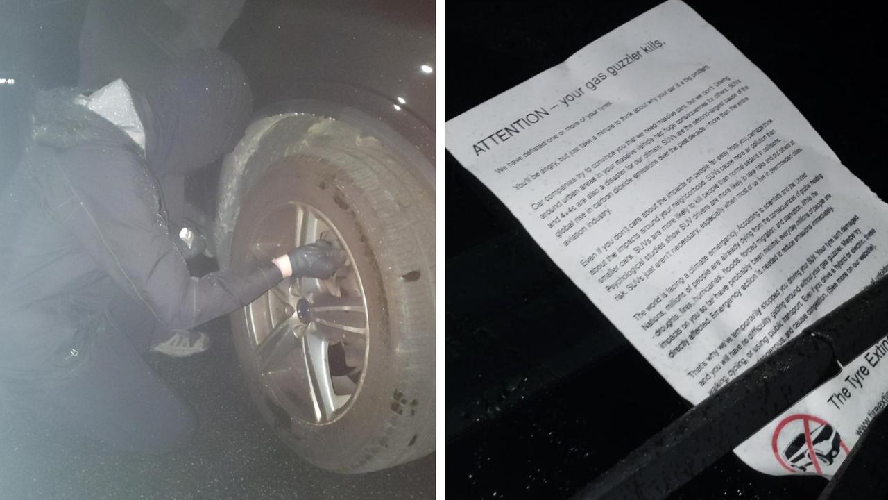 Climate extremists with the Tyre Extinguishers group have targeted SUVs in Toorak overnight. Picture: Supplied