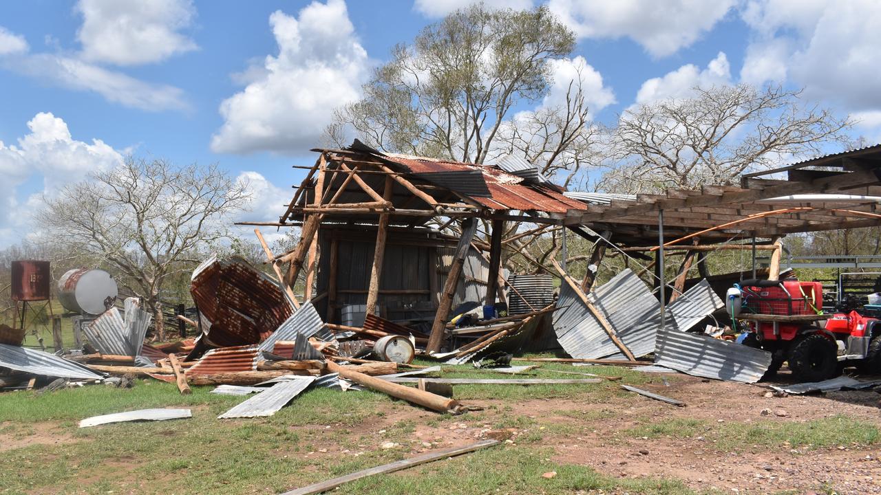 The Christensen’s hay shed was barely left standing after the storm on Tuesday night.