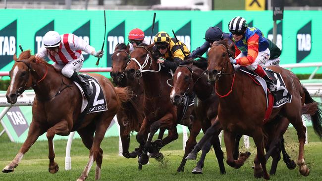 Bella Nipotina (right) ranges up for victory in The Everest