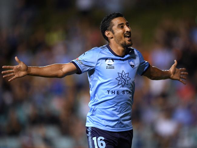 Reza Ghoochannejhad of Sydney celebrates after scoring a goal during the Round 21 A-League match between Sydney FC and Adelaide United at Leichhardt Oval in Sydney, Friday, March 1, 2019. (AAP Image/Dan Himbrechts) NO ARCHIVING, EDITORIAL USE ONLY