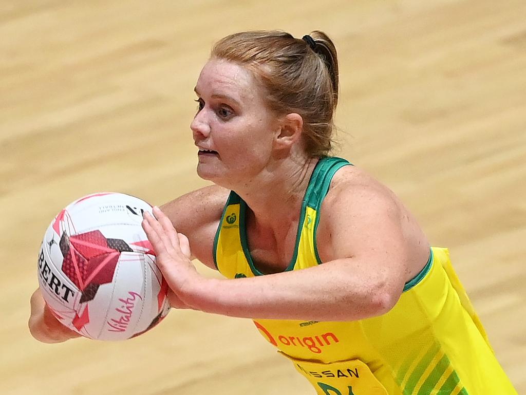 LONDON, ENGLAND - JANUARY 15: Stephanie Wood of Australia in action during the 2022 Netball Quad Series match between the New Zealand and Australia at The Copper Box Arena on January 15, 2022 in London, England. (Photo by Alex Davidson/Getty Images)
