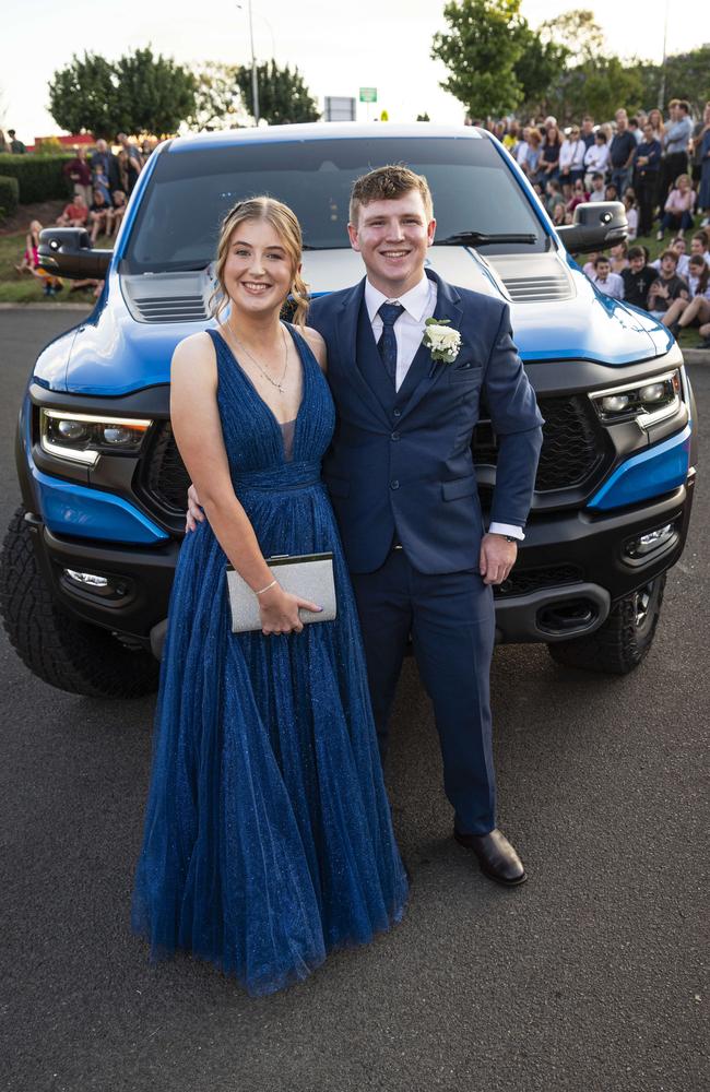 College captain Katelyn Burton and fellow graduate Connor Cranston arrive at Mary MacKillop Catholic College formal at Highfields Cultural Centre, Thursday, November 14, 2024. Picture: Kevin Farmer