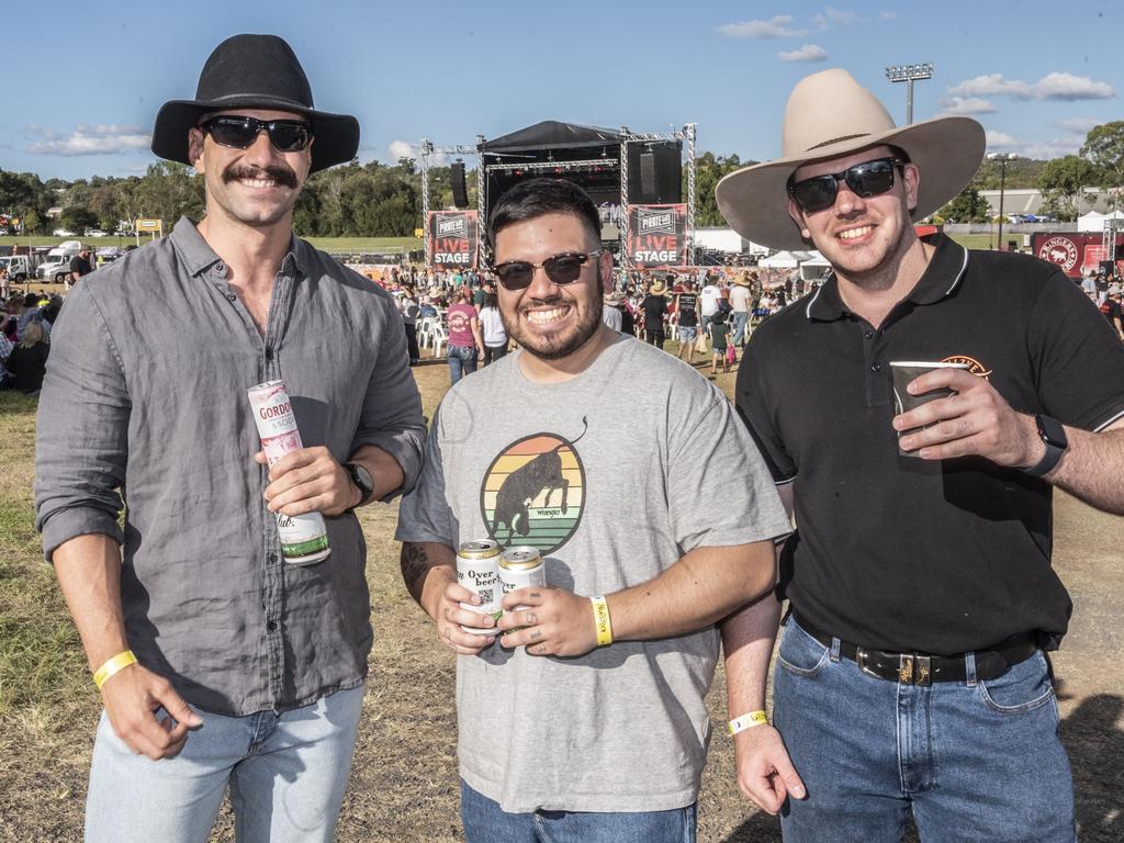 (from left) Mark Nelson, Eric Byrne and Jack Knight. Meatstock 2023 at Toowoomba Showgrounds. Friday, April 14, 2023. Picture: Nev Madsen.