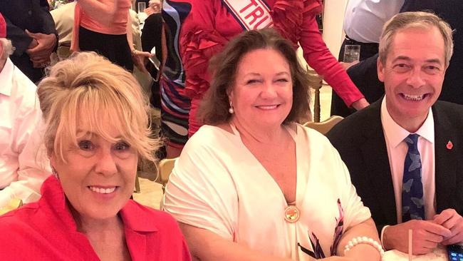 Former Liberal Party federal vice-president Teena McQueen, mining magnate Gina Rinehart and UK conservative politician Nigel Farage at Donald Trump’s election watch party in Florida.