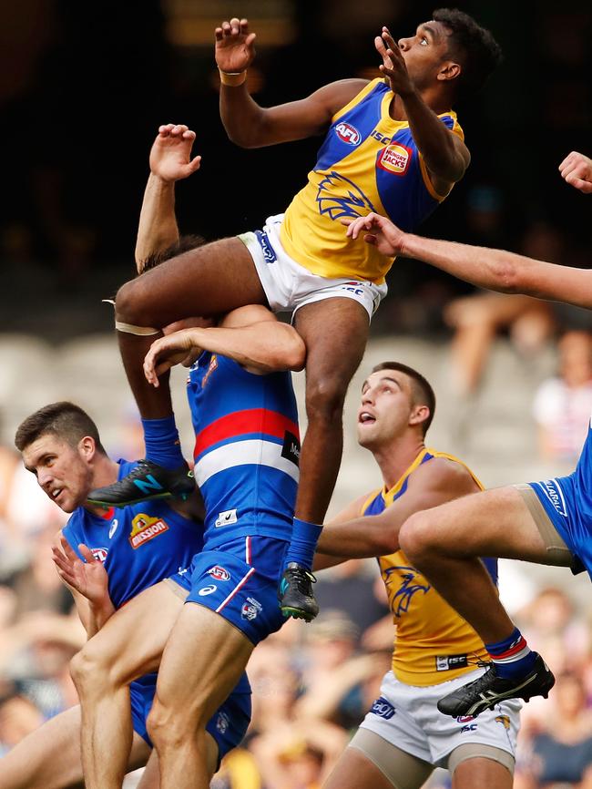 Liam Ryan flies high against the Bulldogs.