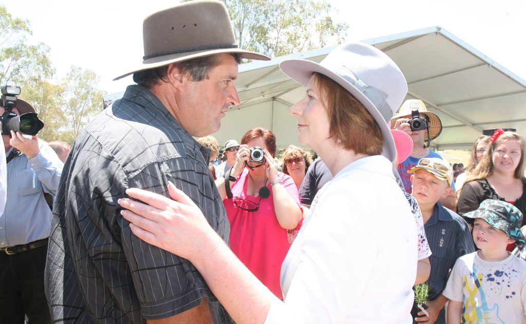 Prime Minister Julia Gillard meets local residents after official proceedings at the Gatton commemorative flood service at the Lockyer Valley Cultural Centre. Photo: Rob Williams / The Queensland Times. Picture: Rob Williams