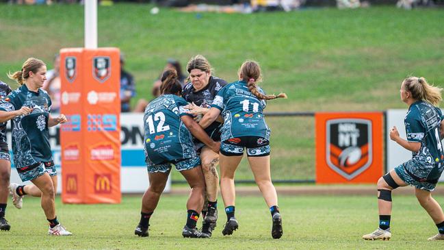 Indigenous All Stars player Emma Pollard tries to bust the defence in the 2023 Deadly Cup Carnival. Picture: Pema Tamang Pakhrin