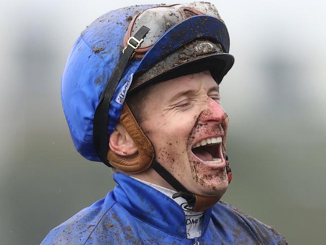 James McDonald celebrates his Group 1 Champagne Stakes victory aboard Broadsiding. Picture: Jason McCawley / Getty Images