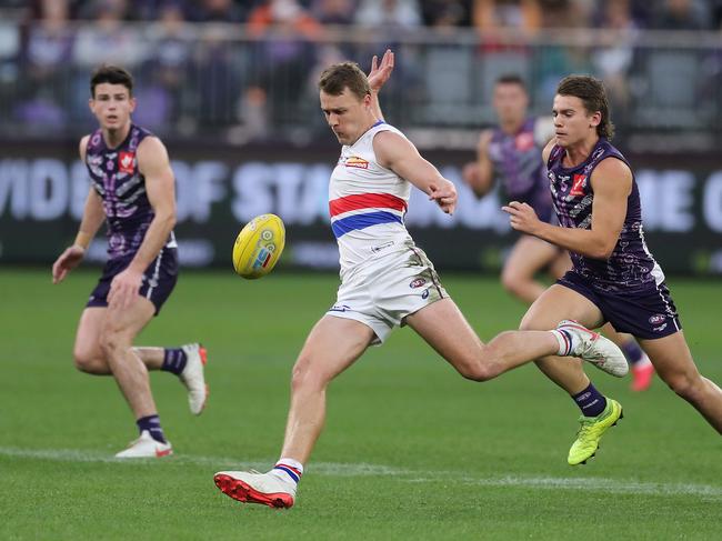 Jack Macrae, as he always does, found a mountain of the footy. Picture: AFL Photos/Getty Images