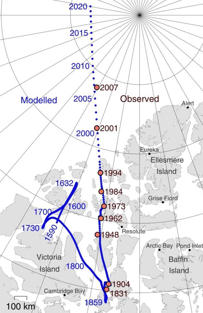 Положение Северного магнитного полюса Земли.