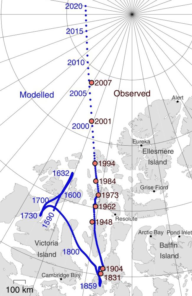 Positions of the Earth’s Magnetic North Pole.