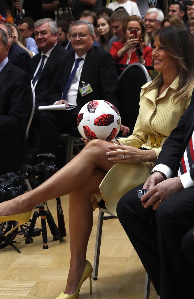 U.S. First Lady Melania Trump gets the soccer ball. Picture: AP