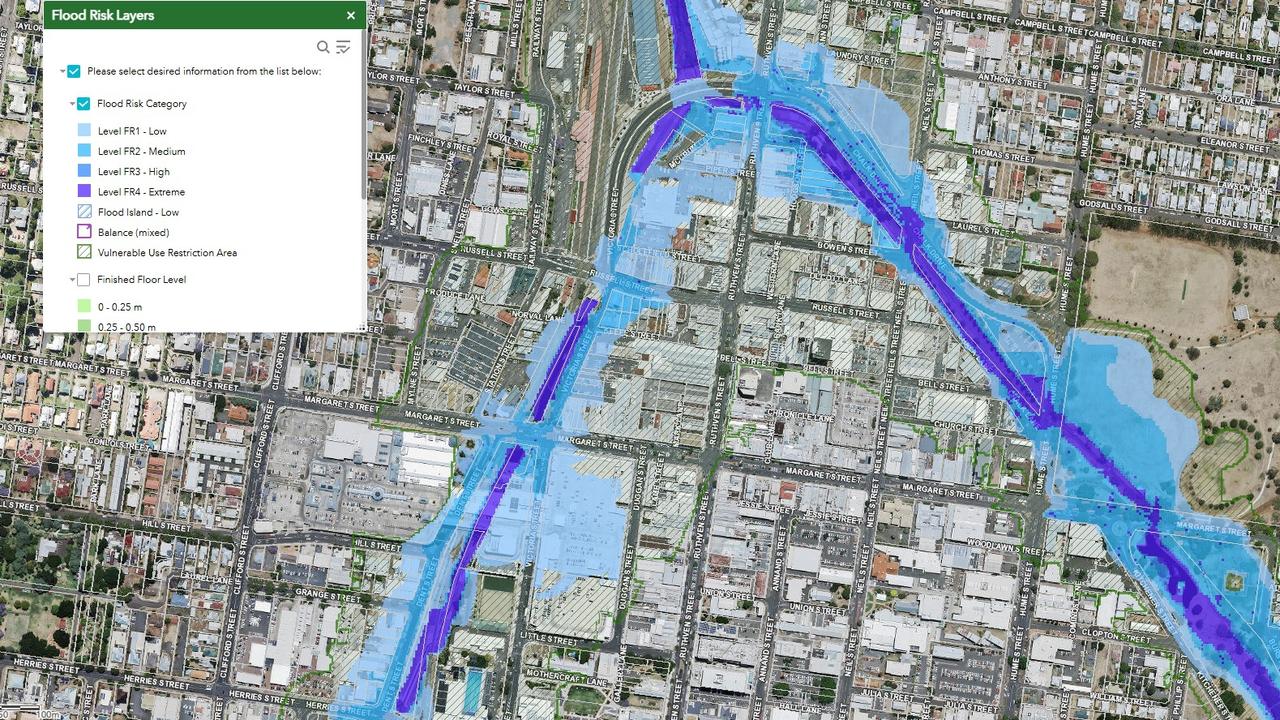 Toowoomba Regional Council flood mapping showing the potential flood effects in the Toowoomba CBD