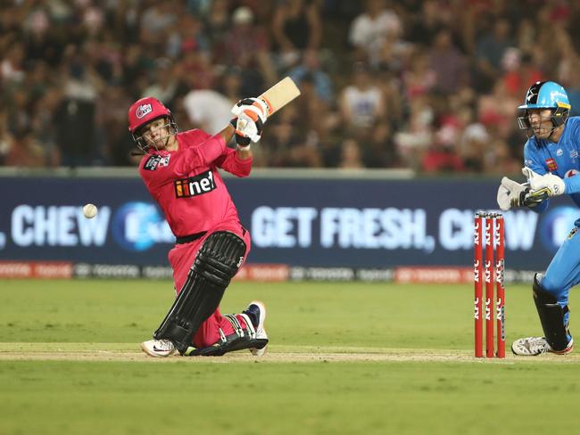 Josh Phillippe was the star of the show scoring an unbeaten 83 off 52 balls in the Sydney Sixers win over Adelaide Strikers in the Big Bash League cricket match at Coffs International Stadium in Coffs Harbour, Sunday, January 5, 2020. Photo: Jason O'Brien / AAP