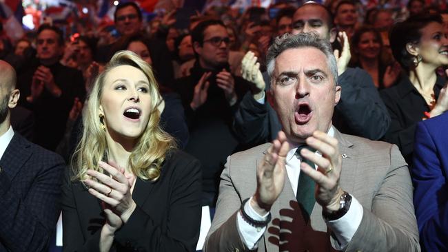 French far right party “Reconquete!” vice-president and head of the party list Marion Marechal and French Senator Stephane Ravier during the election campaign. Picture: AFP