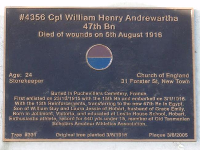 Corporal William Henry Andrewartha’s plaque on the Soldiers’ Memorial Avenue