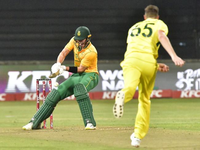 DURBAN, SOUTH AFRICA - SEPTEMBER 01:   Tristan Stubbs of Australia is bowled out during the 2nd KFC T20 International match between South Africa and Australia at Hollywoodbets Kingsmead Stadium on September 01, 2023 in Durban, South Africa (Photo by Sydney Seshibedi/Gallo Images/Getty Images)