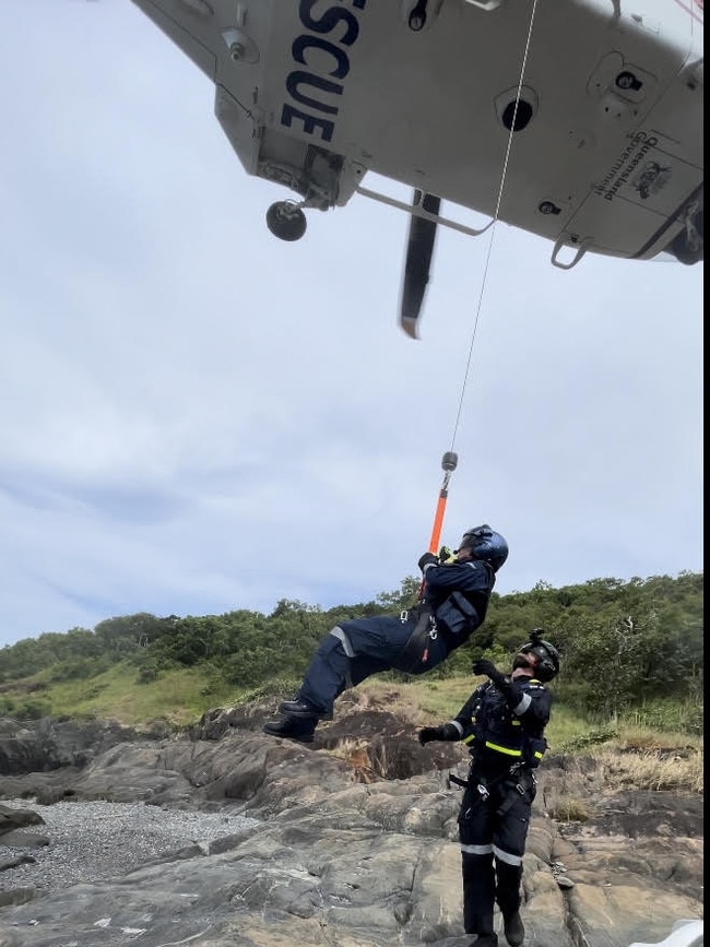 The QG Air 510 Rescue emergency services helicopter transports a 44 year old male spearfisherman to Cairns Hospital, after he was bitten multiple times by a 4.5 metre saltwater crocodile off Archer Point, south of Cooktown in Far North Queensland Picture Supplied