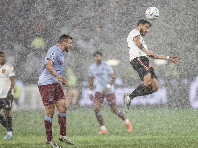 PERTH, AUSTRALIA - JULY 23: Bruno Fernandes of Manchester United heads the ball during the Pre-Season Friendly match between Manchester United and Aston Villa at Optus Stadium on July 23, 2022 in Perth, Australia. (Photo by Paul Kane/Getty Images)