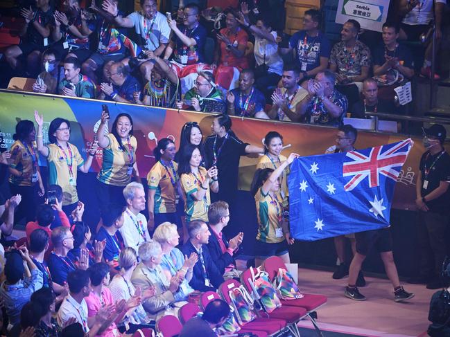 Australian athletes attend the opening ceremony of the Gay Games in Hong Kong on  November 4, 2023 as more than a thousand athletes gathered in the Queen Elizabeth Stadium to open the Gay Games, the first time the international LGBTQ sporting event has come to Asia. (Photo by Peter PARKS / AFP)