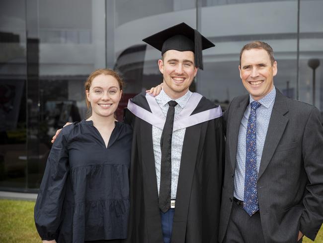 Michael Young (centre) with Tori Murton and Phil Young. UTAS graduations. School of College of Health and Medicine Graduate Research. Picture: RICHARD JUPE