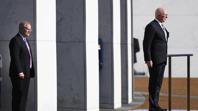 Scott Morrison stands behind David Hurley ahead of his swearing in ceremony. Picture: AAP.