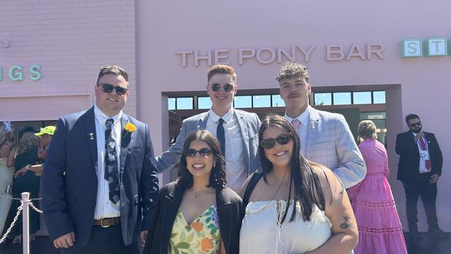 Jenna, Josh, Dave, Meika and Jed enjoying the Melbourne Cup. Picture: Oscar Jaeger