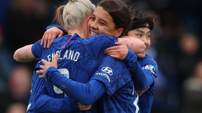 Bethany England celebrates scoring Chelsea’s first goal with Sam Kerr. Picture: Getty Images