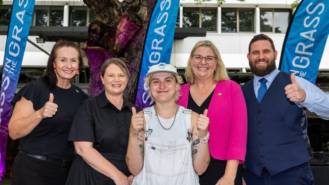 Laurie Zio Member of Fannie Bay, NTMEC Board member Penny Priest, Artist Hope D, Minister Marie-Clare Boothby and Clinton Howe Member of Drysdale at the preview event to BASSINTHEGRASS 2025 at Raintree Park 13/02/2025. Picture: Pema Tamang Pakhrin