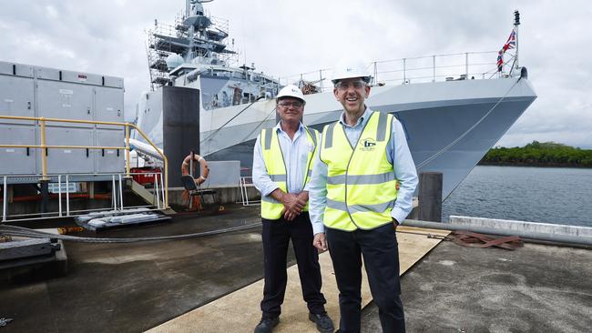 The Queensland Government has announced an additional $30 million in funding for the Cairns Marine Precinct, on top of the $150 million already committed. Tropical Reef Shipyard managing director Robert Downing and Treasurer Cameron Dick inspect the British navy ship HMS Spey, that is currently undergoing a 2 month maintenance program in the shipyard. Picture: Brendan Radke