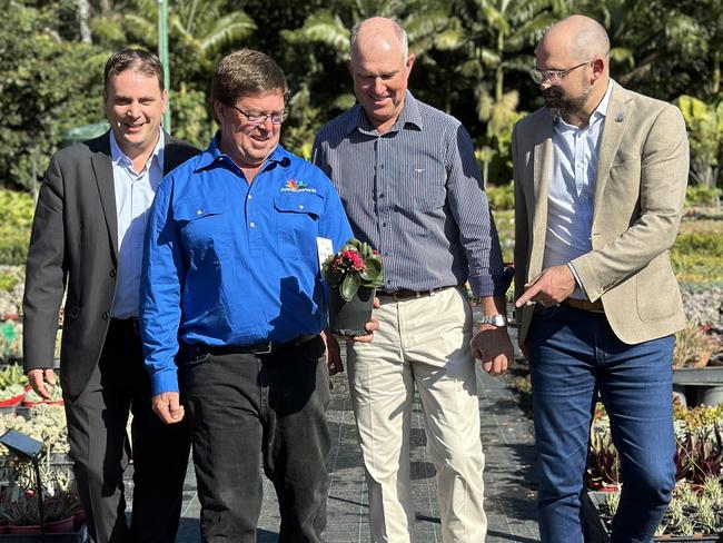 Member for Theodore Mark Boothman, Spectrum Plants owner Wesley Trevor, Shadow Minister for Agriculture Tony Perrett and Shadow Treasurer David Janetzki at Spectrum Plants in Wongawallan.