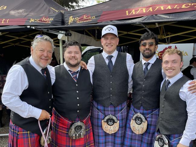 Members of the Hawthorn and Old Scotch pipe bands at the Highlands Festival in Daylesford. Picture: Athos Sirianos