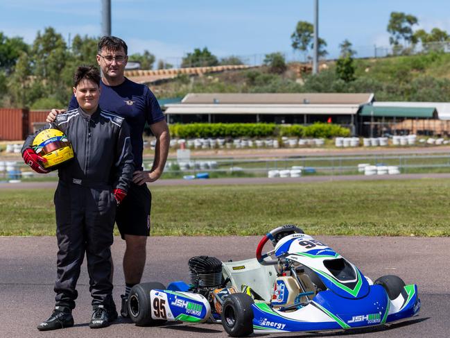 Tate Hall and his father Skip pose in front of Tate’s kart, Darwin 2024. Picture: Pema Tamang Pakhrin