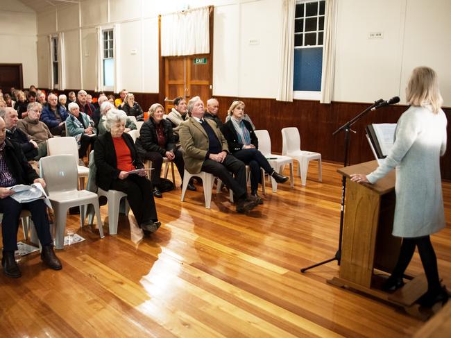 Attorney-General Elise Archer speaks to the crowd at Monday night’s meeting in Ouse regarding sale of Anglican churches and properties. Picture: ROBERT CASSIDY