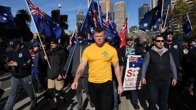 Far right extremist and United Patriots Front former leader Blair Cottrell at a march. Picture: Jake Nowakowski