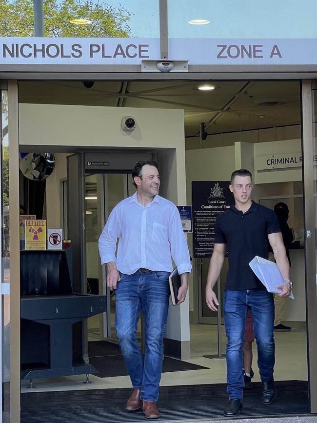 John Quaremba and Sam Majetic leave the Darwin Local Court on Friday.