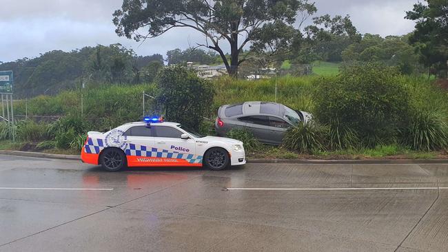 The allegedly stolen Audi S5 crashed at the roundabout at Stadium Drive and the Pacific Highway Coffs Harbour.